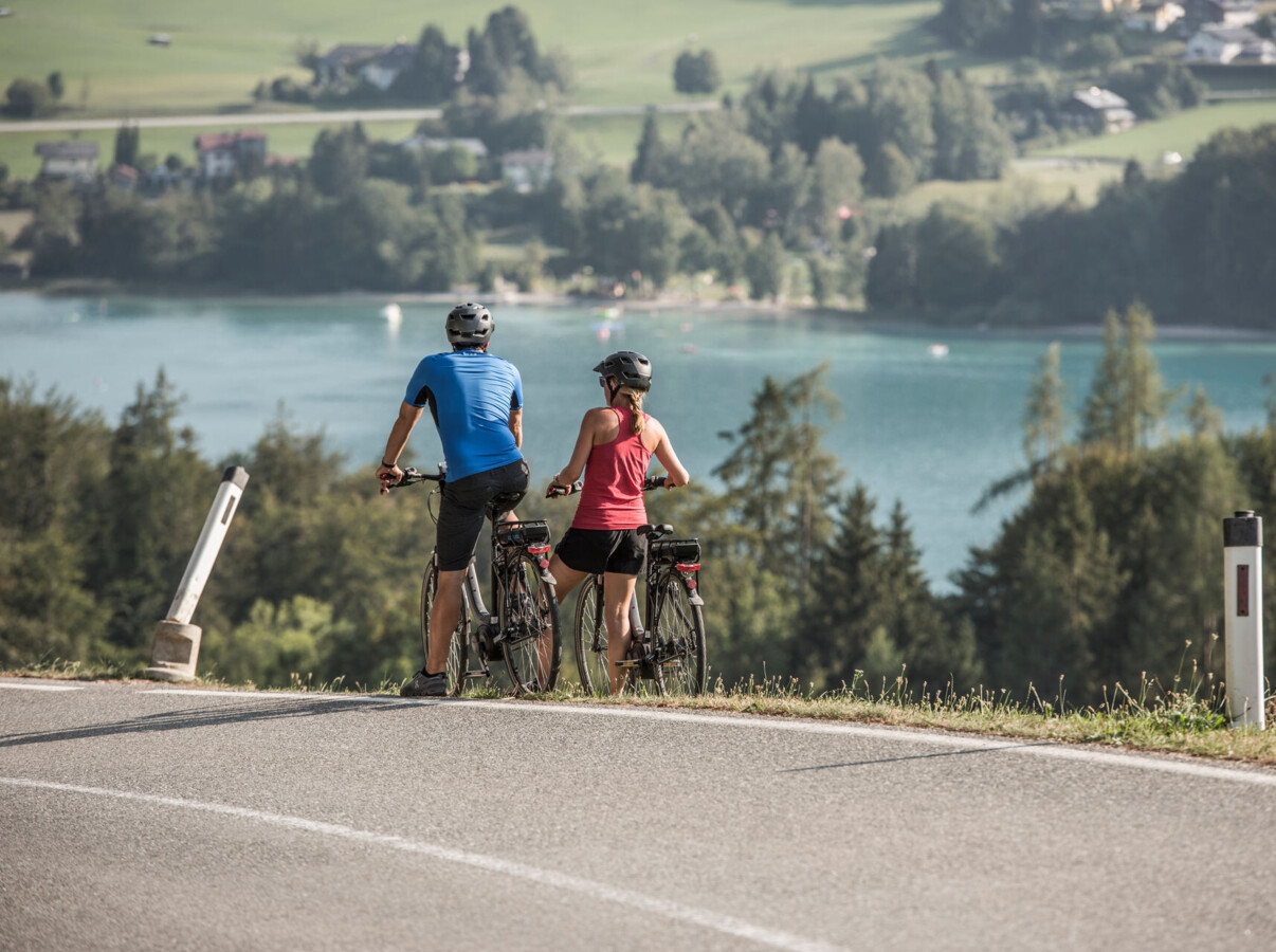 Two cyclists pause to enjoy a scenic view of a lake surrounded by lush greenery.