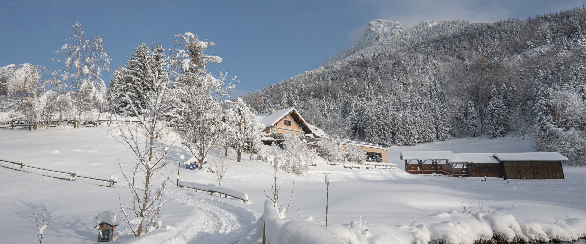 Die tief verschneite Waldhofalm mit der Waldhof Winterwelt.