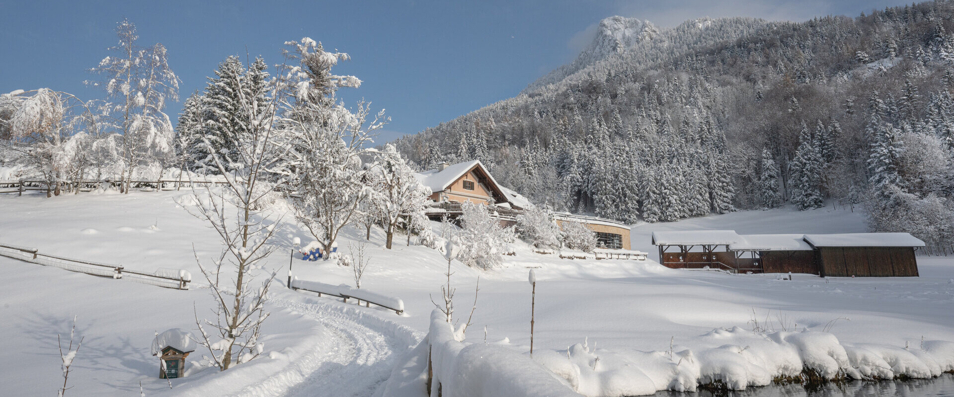 Snow-covered landscape with trees, a house, and mountains under a clear blue sky.