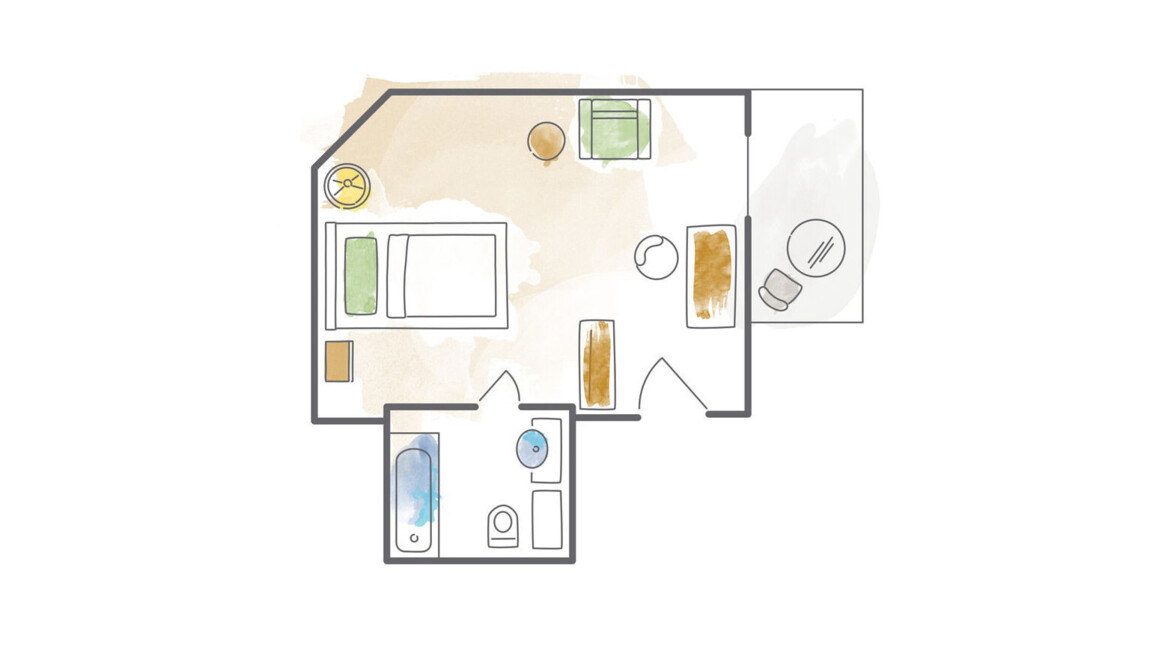 Room layout with a bed, bathroom, and seating area, designed with a minimalist and cozy style.