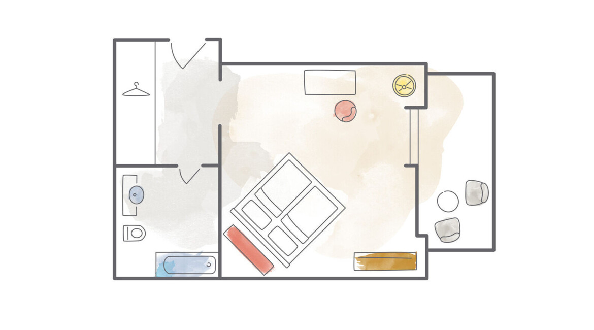 Grundriss Doppelzimmer 'Plomberg' mit Bett, Badezimmer und Sitzbereich.