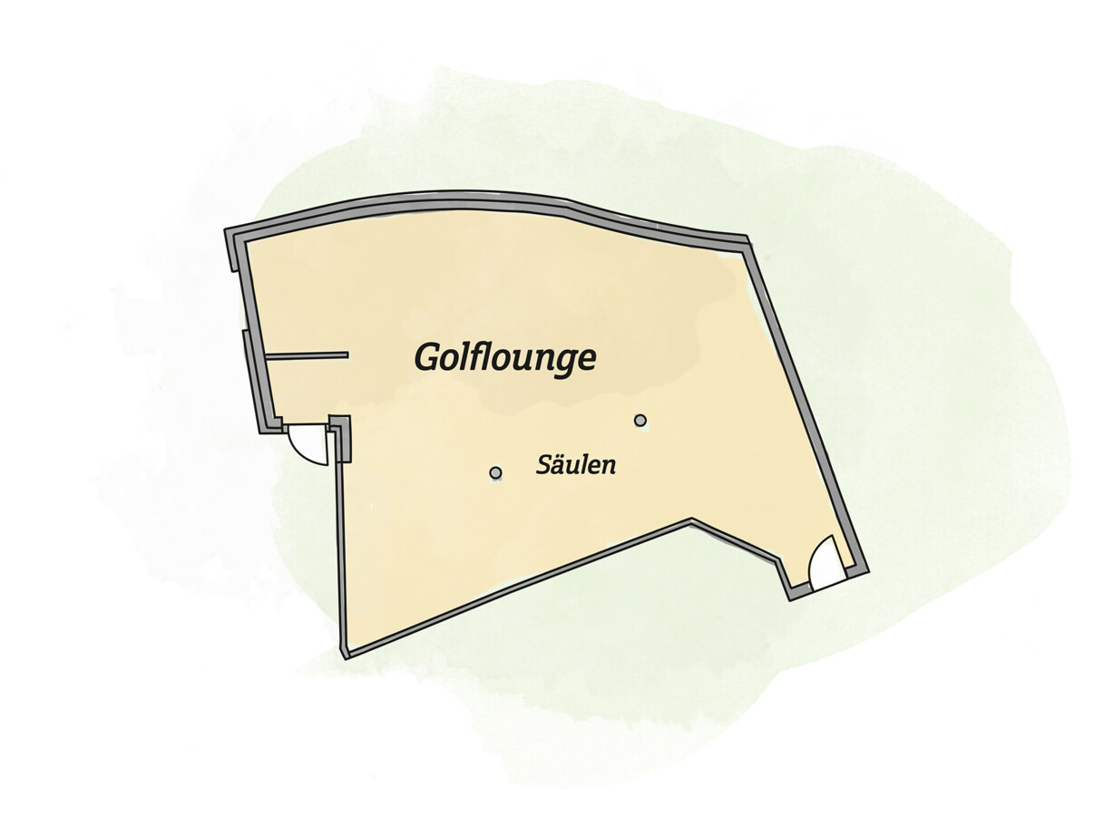 Golf lounge floor plan with labeled columns and walls.