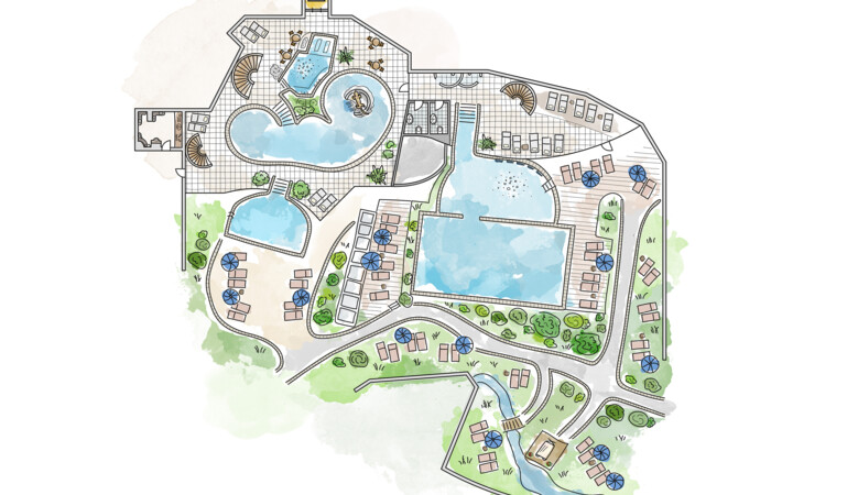 Karte des Waldhof Fuschlsee mit Pools, Liegestühlen und Wegen, umgeben von Grünflächen.