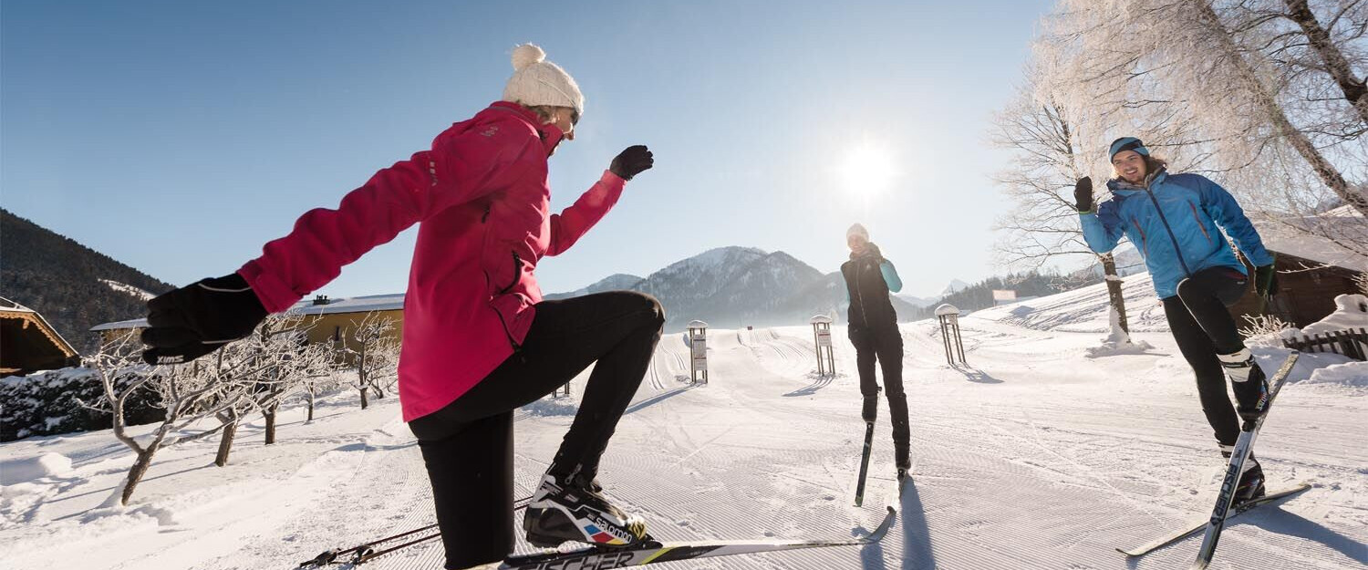 Three people enjoying cross-country skiing in a snowy landscape with clear blue skies and a mountain backdrop.
